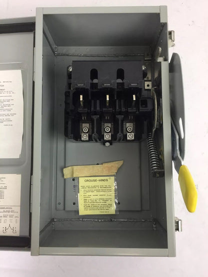 CROUSE-HINDS HU361AJ SAFETY SWITCH 30 AMPS 600 VAC 3 POLE NO NEUTRAL NO FUSES9
