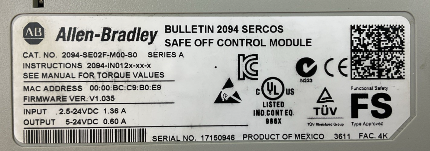 ALLEN BRADLEY 2094-BM01-M AXIS POWER 2094-SE02F-M00-S0 SAFE OFF FW VER V1.0352