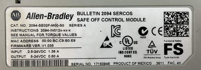 ALLEN BRADLEY 2094-BM01-M AXIS POWER 2094-SE02F-M00-S0 SAFE OFF FW VER V1.0352
