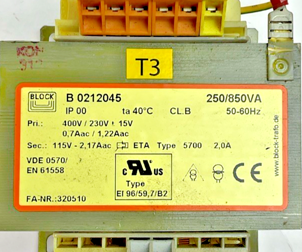 BLOCK B0212045 TRANSFORMER 250/850VA 50-60HZ 400V1