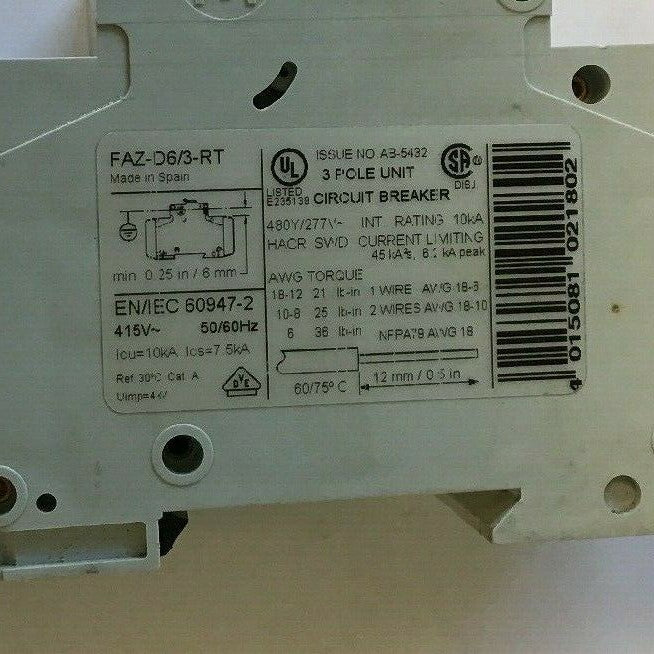 MOELLER FAZ-D6/3-RT 3POLE CIRCUIT BREAKER 415VAC 50/60HZ**LOTOF4**2