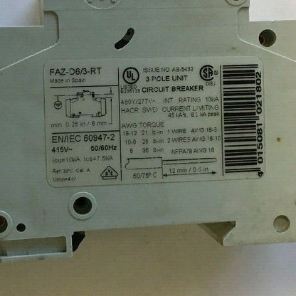 MOELLER FAZ-D6/3-RT 3POLE CIRCUIT BREAKER 415VAC 50/60HZ**LOTOF4**2