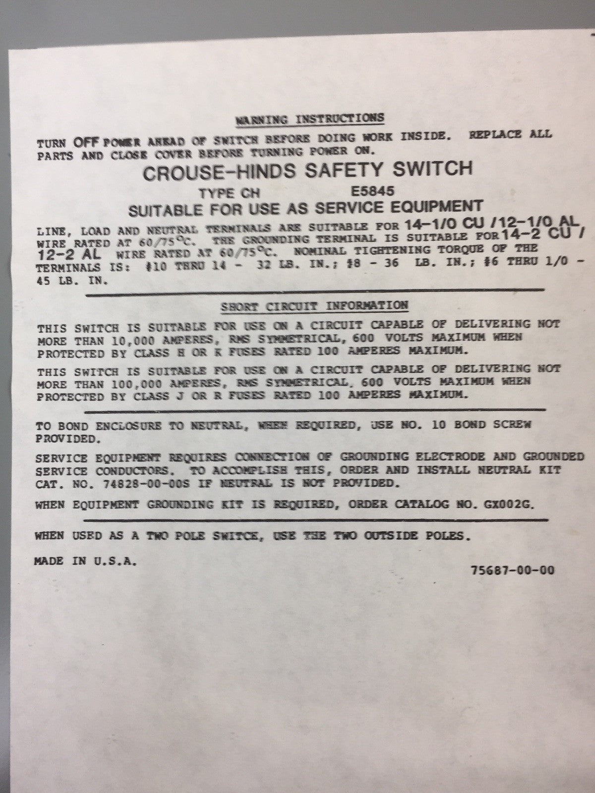 CROUSE-HINDS HU363 SAFETY SWITCH HEAVY DUTY 100A 600VAC 3 POLE TYPE 1 ENCLOSURE2