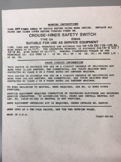 CROUSE-HINDS HU363 SAFETY SWITCH HEAVY DUTY 100A 600VAC 3 POLE TYPE 1 ENCLOSURE2