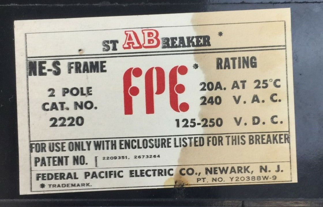 FPE 2220 CIRCUIT BREAKER NE-S FRAME 2POLE 20A 240VAC 125-250VDC FEDERAL PACIFIC3
