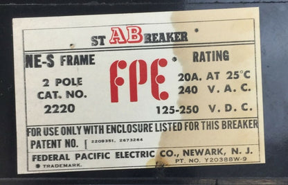 FPE 2220 CIRCUIT BREAKER NE-S FRAME 2POLE 20A 240VAC 125-250VDC FEDERAL PACIFIC3