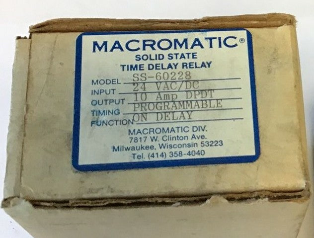 MACROMATIC TIME DELAY RELAY SS-60228 24VAC/DC 10A DPDT PROGRAMMABLE1