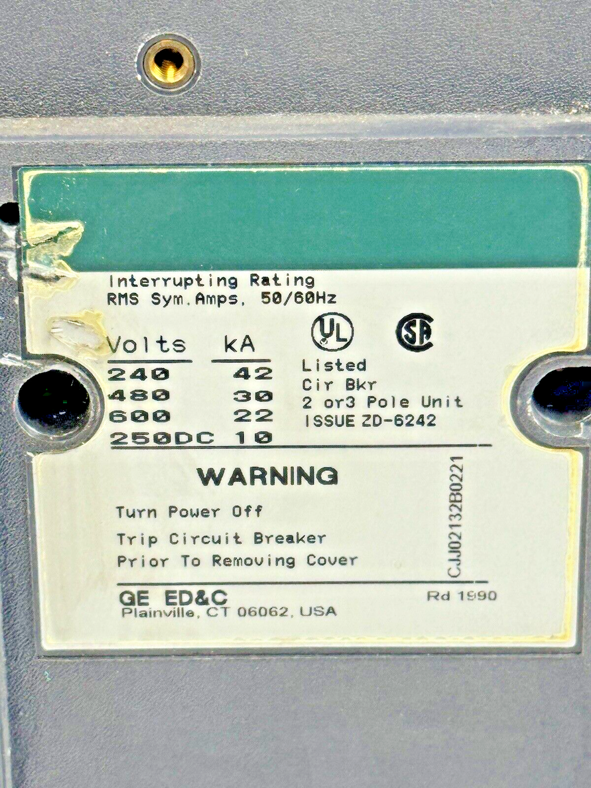 GE - TJJ436250 - IND. CIRCUIT BREAKER W/ 250A TRIP UNIT - 3 POLE/600 VAC/250A3