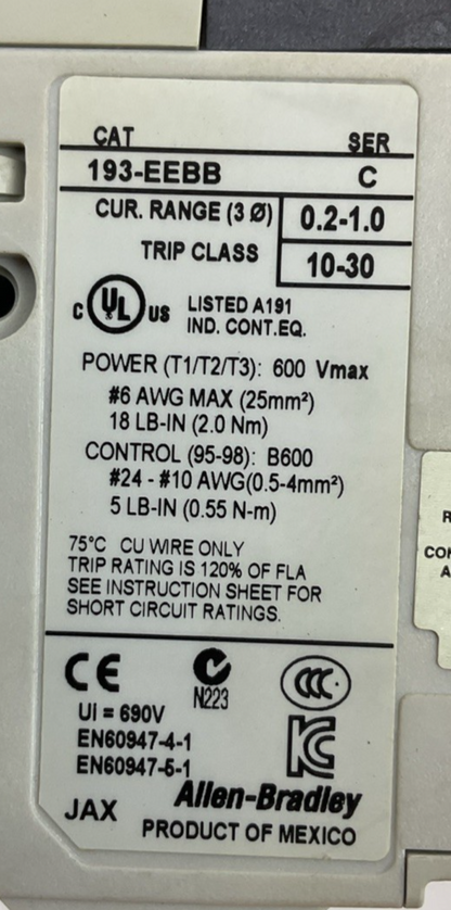 ALLEN BRADLEY STARTER (100-C16D*10 SER B COIL 24VDC + 193-EEBB 0.2-1.0A SER C)2