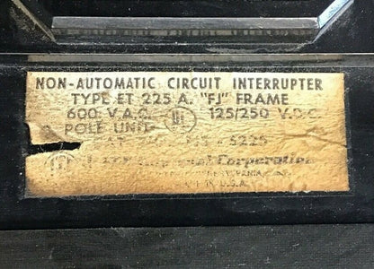 I-T-E FJ3-S225 CIRCUIT BREAKER 225A 3POLE 600VAC5