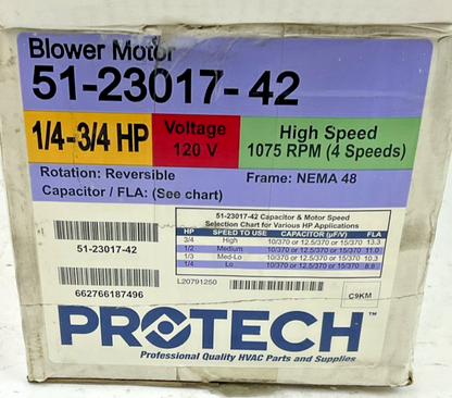 PROTECH 51-23017-42 BLOWER DIRECT DRIVE 1/4-3/4HP 115V 1075RPM 9.5A 1/2x50