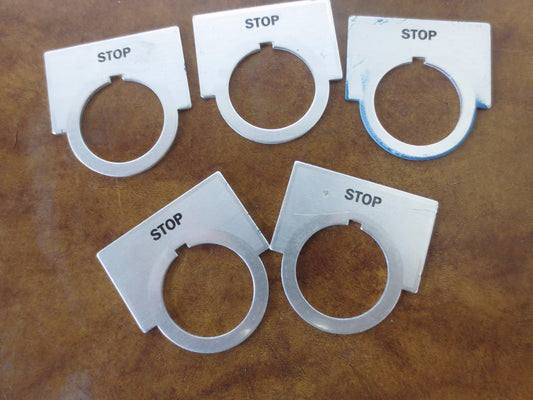 ALUMINUM PUSH-BUTTON LEGEND PLATES - "STOP" - LOT of 5 - MACHINE CONTROLS0