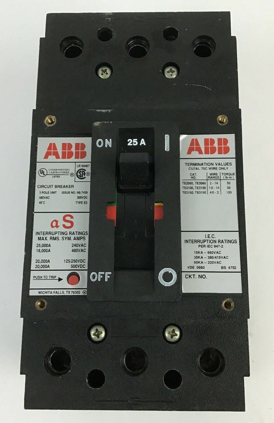ABB UXAB 727131 R 105 25AMP CIRCUIT BREAKER 500VDC 3POLE TYPE ES 480VAC0