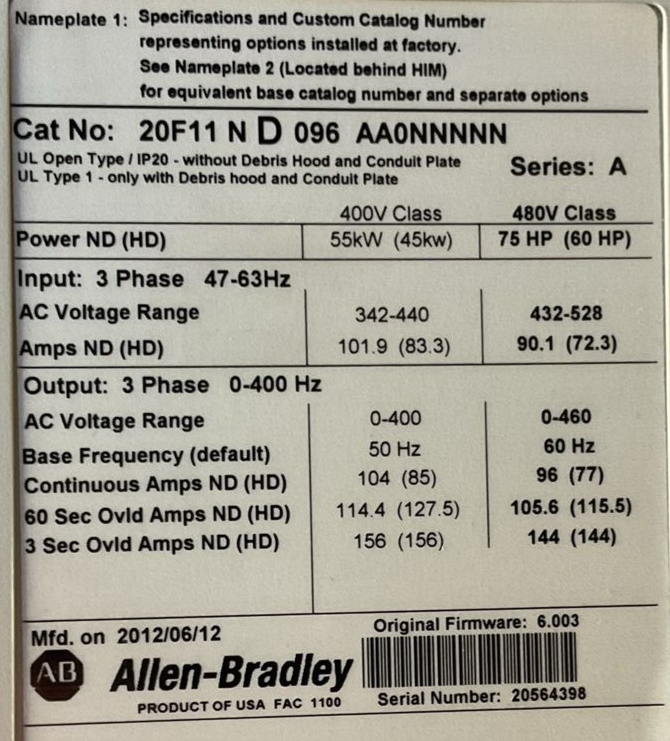 ALLEN BRADLEY 20F11ND096AA0NNNNN POWERFLEX 753 AC DRIVE FW 6.003 SER A **PARTS**1