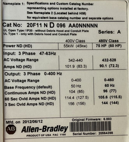 ALLEN BRADLEY 20F11ND096AA0NNNNN POWERFLEX 753 AC DRIVE FW 6.003 SER A **PARTS**1