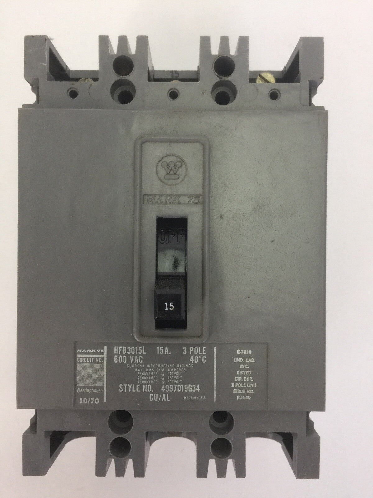 WESTINGHOUSE HFB3015L AB DE-ION CIRCUIT BREAKER 15A 600VAC 3POLE 4997D19G34 0