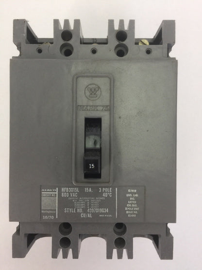 WESTINGHOUSE HFB3015L AB DE-ION CIRCUIT BREAKER 15A 600VAC 3POLE 4997D19G34 0