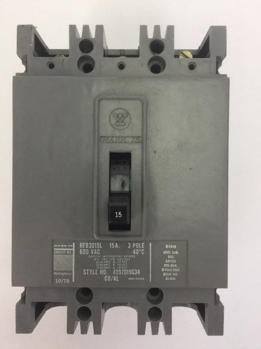 WESTINGHOUSE HFB3015L AB DE-ION CIRCUIT BREAKER 15A 600VAC 3POLE 4997D19G34 0