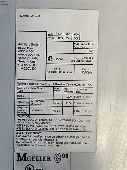 MOELLER NZMH4-AE CIRCUIT BREAKER 600VAC 1200A NZM4-XUHIV20 24VDC NZM H4-AE800A1