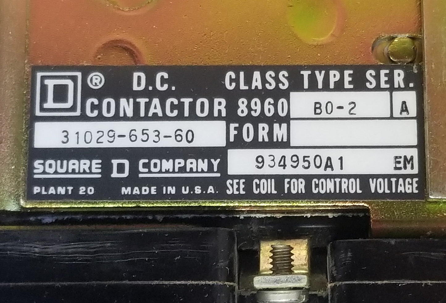 SQUARE D  CLASS 8960 TYPE B0-2, SER. A, 31029-653-60, 8960 B0-2, 112V, 124VDC 2