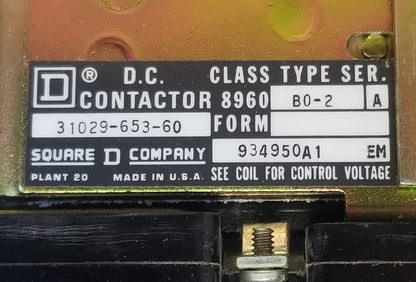 SQUARE D  CLASS 8960 TYPE B0-2, SER. A, 31029-653-60, 8960 B0-2, 112V, 124VDC 2
