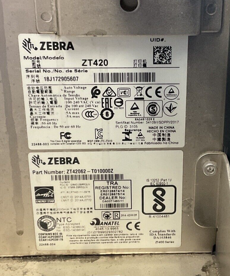 ZEBRA ZT420 THERMAL LABEL PRINTER 240V ZT42062-T010000Z2