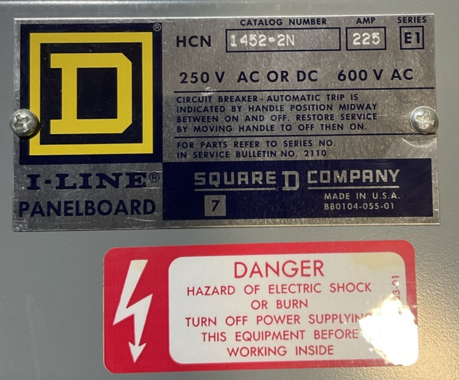 SQUARE D HC2652TS BREAKER PANELBOARD TYPE 1 SERIES E1 1452-2N 225A 250V 600VAC2