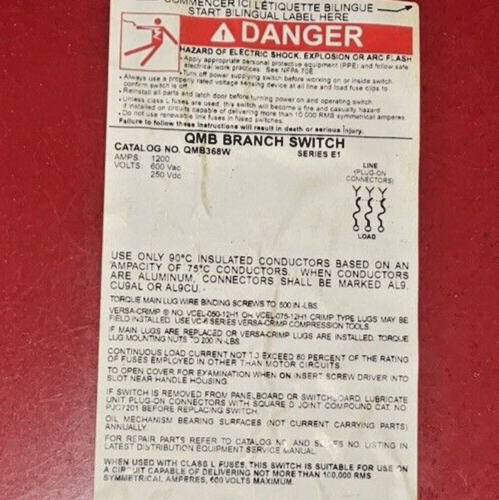 SQUARE D QMB368W FUSIBLE PANELBOARD 1200A 3POLE 600VAC SER.E1 A4BQ1200A FUSES(3)2