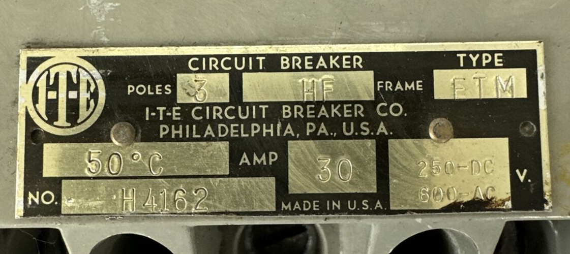 ITE H4162 CIRCUIT BREAKER HF FRAME TYP FTM 30AMP 3POLE 600VAC 250VDC1