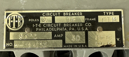 ITE H4162 CIRCUIT BREAKER HF FRAME TYP FTM 30AMP 3POLE 600VAC 250VDC1