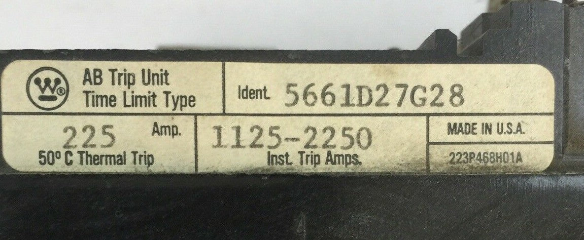 WESTINGHOUSE LA3225PT AB TRIP UNIT TIME LIMIT TYPE 225AMP 3POLE 5661D27G281