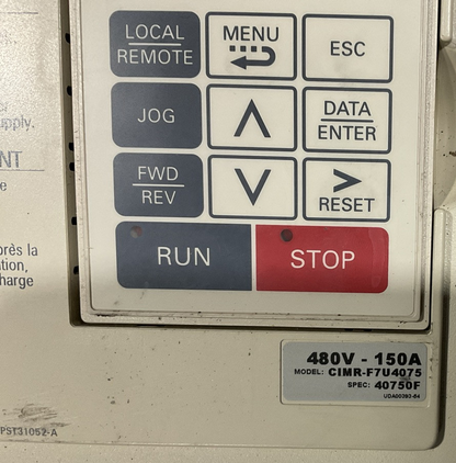 YASKAWA CIMR-F7U4075 AC DRIVE OUTPUT 3PH 0-480VAC HD 150A 110kVA ND 156A 120kVA2