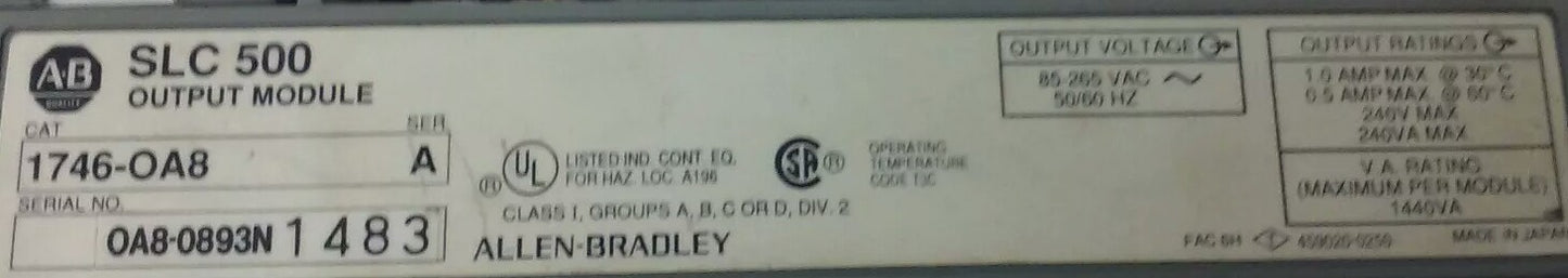 ALLEN-BRADLEY, SLC 500 1746-OA8, SERIES A, OUPUT MODULE,85-265VAC, 50/60HZ, USED1