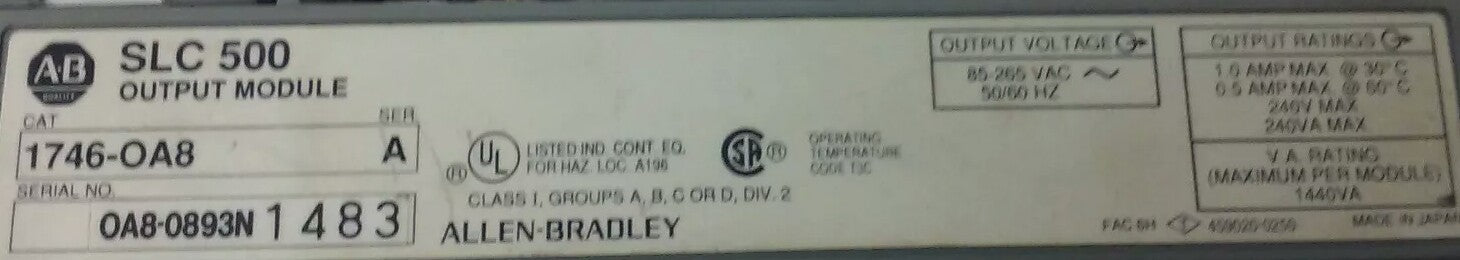 ALLEN-BRADLEY, SLC 500 1746-OA8, SERIES A, OUPUT MODULE,85-265VAC, 50/60HZ, USED1