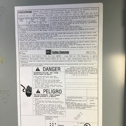 CUTLER HAMMER DG222NGB GENERAL DUTY SAFETY SWITCH 60A 240V INDOOR10