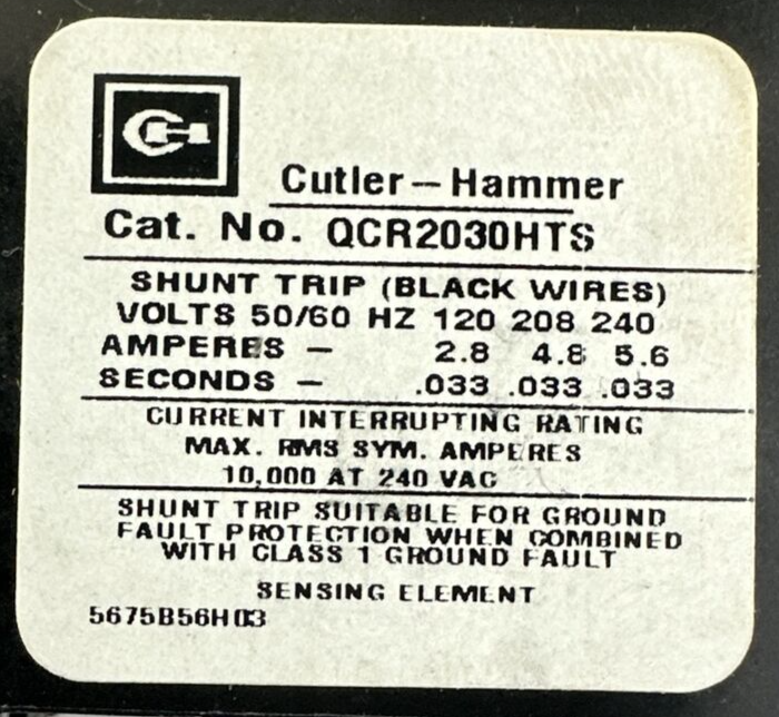 CUTLER HAMMER QCR2030HTS CIRCUIT BREAKER 2P 30A 240VAC 120-240VAC SHUNT TRIP3