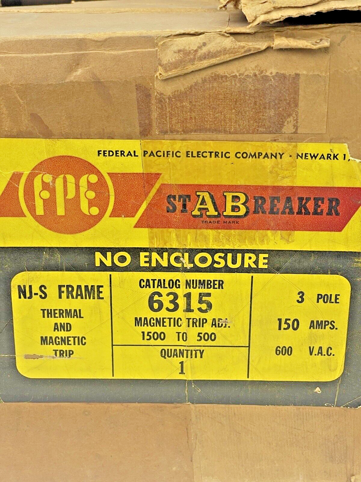 FEDERAL PACIFIC - 6315 - 3 POLE, 150A, 600 VAC AB CIRCUIT BREAKER - NJ6311504
