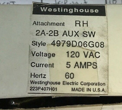 WESTINGHOUSE 2A-2B AUX SWITCH STYLE 4979D06GO8 120VAC 5AMPS 60HZ6