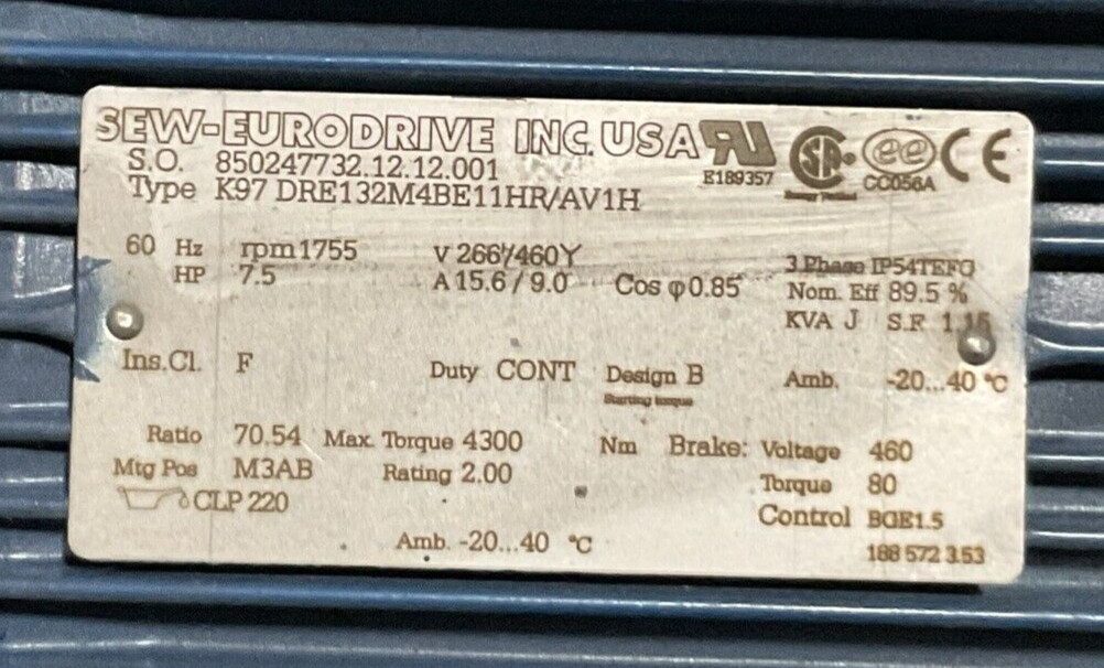 SEW-EURODRIVE K97 DRE132M4BE11HR/AV1H GEAR MOTOR HZ 60 rpm 1755 V266/460Y1