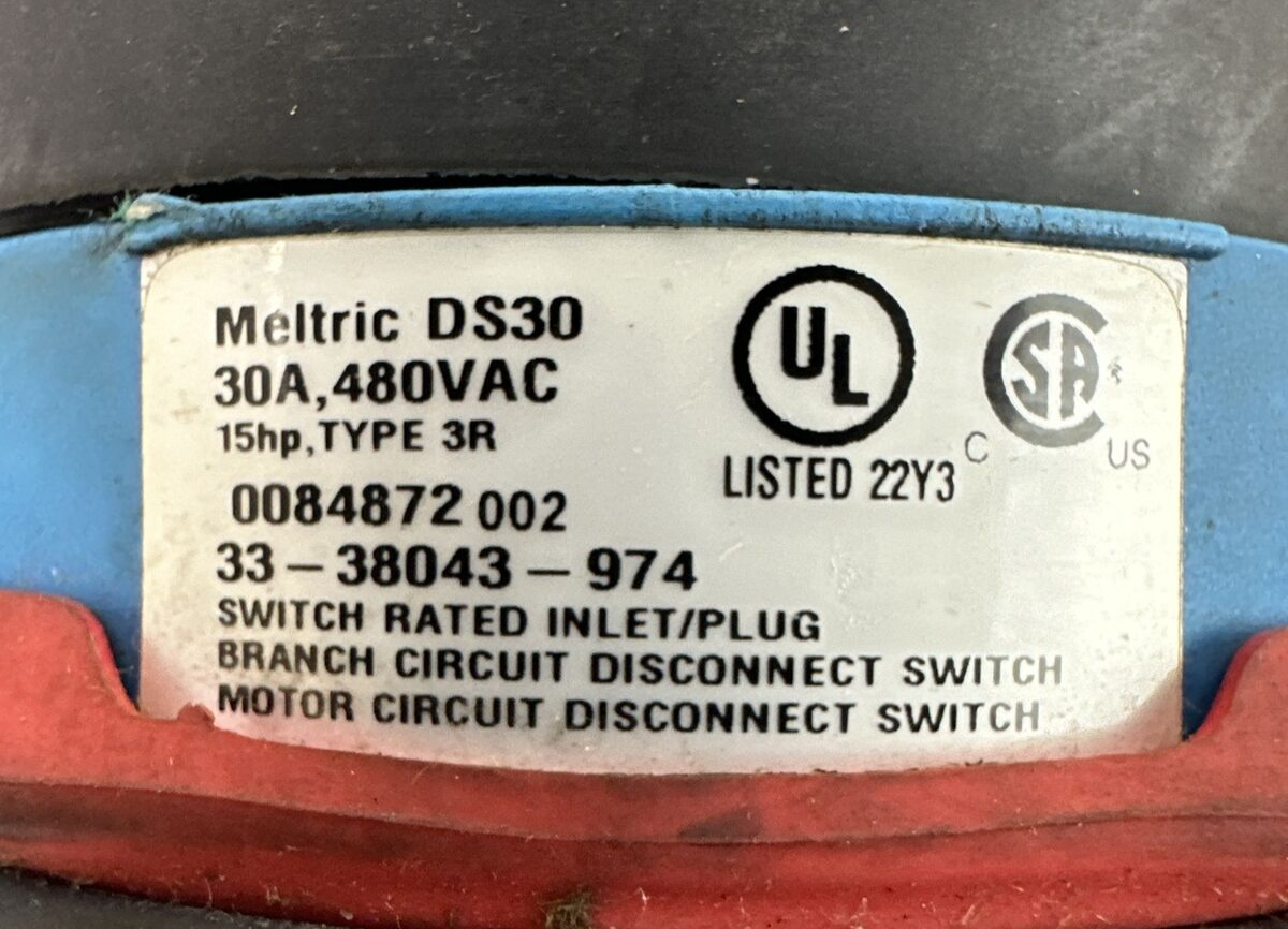 MELTRIC DS30 30A 480VAC 15HP TYPE 3R 33-38043-974 SWITCH RATED INLET/PLUG1