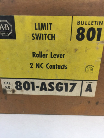 ALLEN BRADLEY 801-ASG17 LIMIT SWITCH ROLLER LEVER 600V AC/DC 2 NC CONTACTS 1