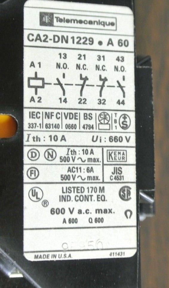 TELEMECANIQUE CA2DN1229FA60 CONTROL RELAY / AUX. CONTACTOR - 110-120V COIL1
