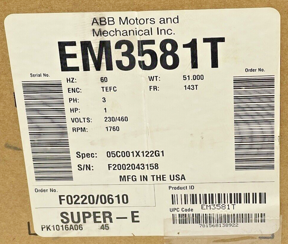 BALDOR - EM3581T - GP Motor - 1 Hp 3 Phase 230/460V 1760 RPM 143t Frame SUPER-E1