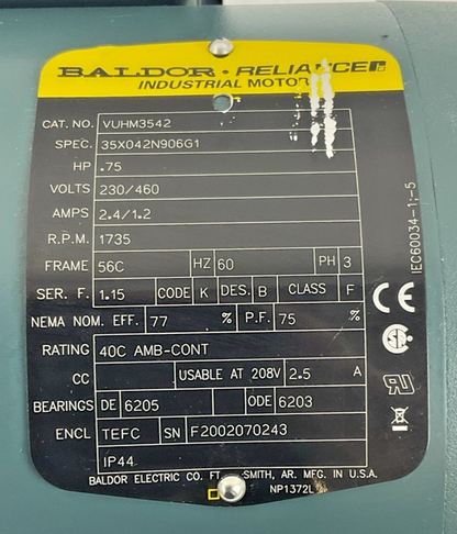 BALDOR VUHM3542 INDUSTRIAL MOTOR .75HP 60HZ 3PH 230/460V 1735RPM2