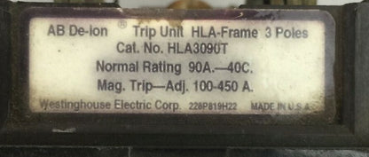 WESTINGHOUSE HLA3090T AB DE-ION TRIP UNIT 90AMP 3POLE MAG TRIP ADJ 100-450A1