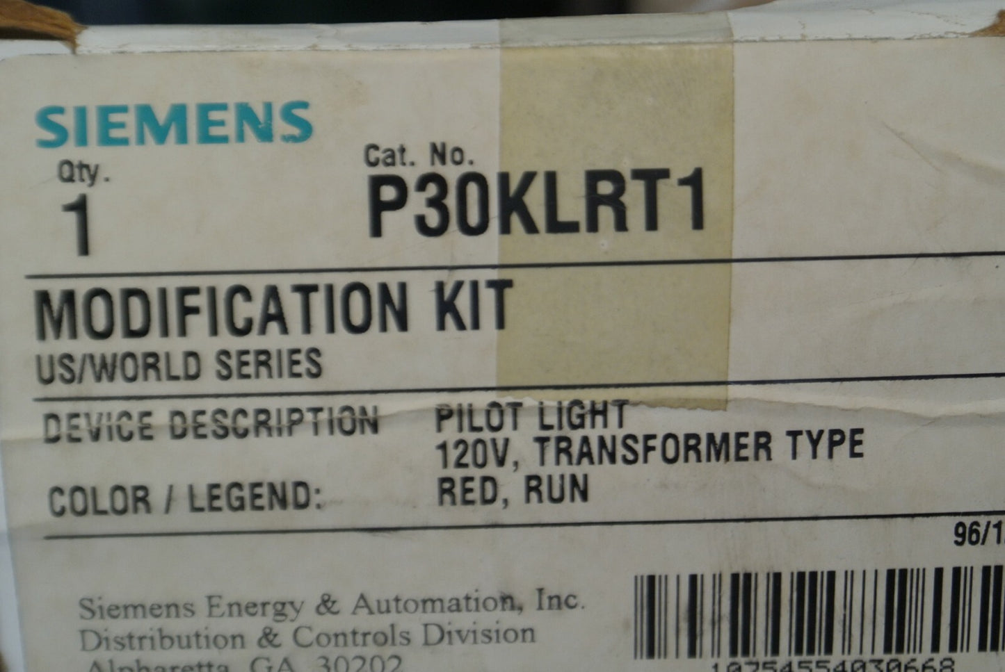 SIEMENS P30KLRT1 / PILOT LIGHT TRANSFORMER TYPE / 120V / RED / "RUN" NEW SURPLUS6