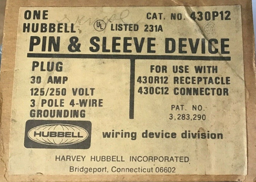 HUBBELL 430P12 PIN&SLEEVE  30AMP 125/250V 3POLE 4-WIRE GROUNDING1