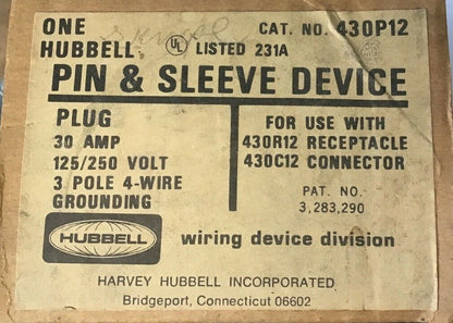 HUBBELL 430P12 PIN&SLEEVE  30AMP 125/250V 3POLE 4-WIRE GROUNDING1