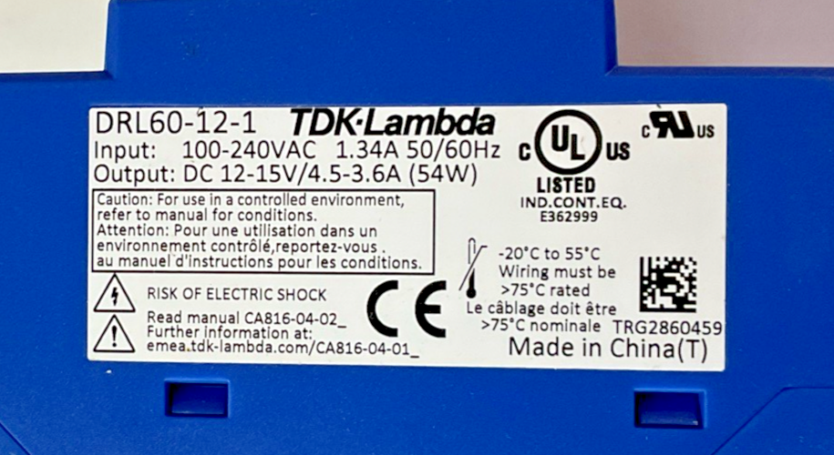 TDK-LAMBDA DRL60-12-1 POWER SUPPLY MODULE 240VAC 15VDC 50/60HZ 54W4