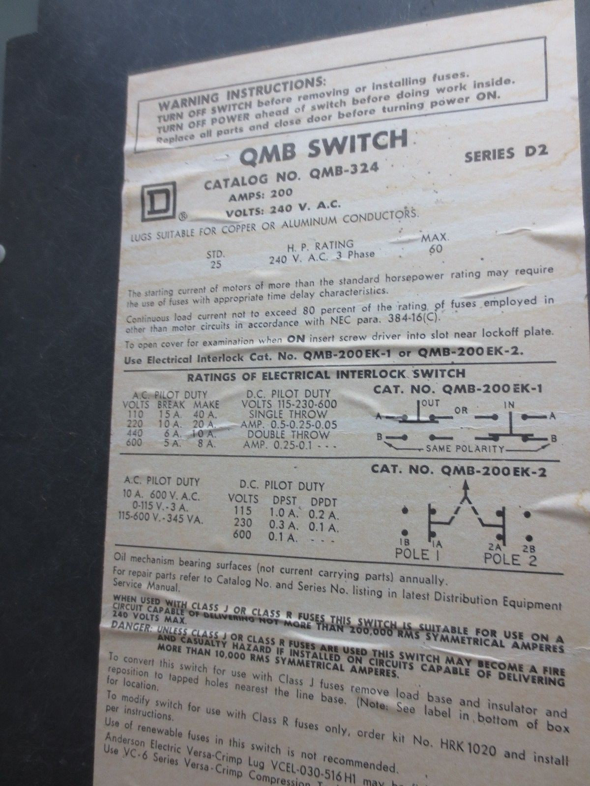 SQUARE D QMB-324 FUSIBLE PANEL SWITCH - 240VAC, 200A, 3-POLE6
